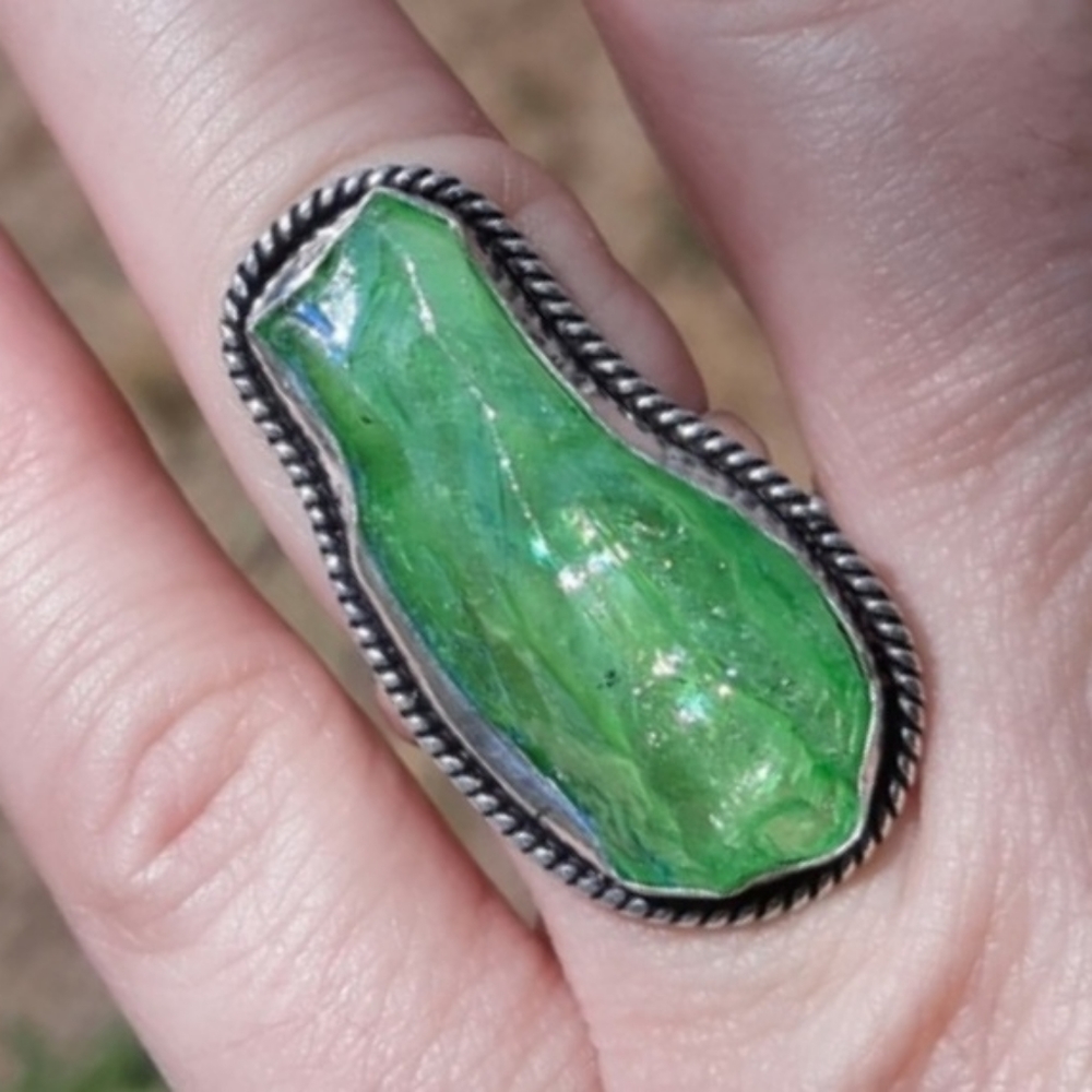 *Sale* New Rough Green Crystal Quartz 925 Silver Ring.